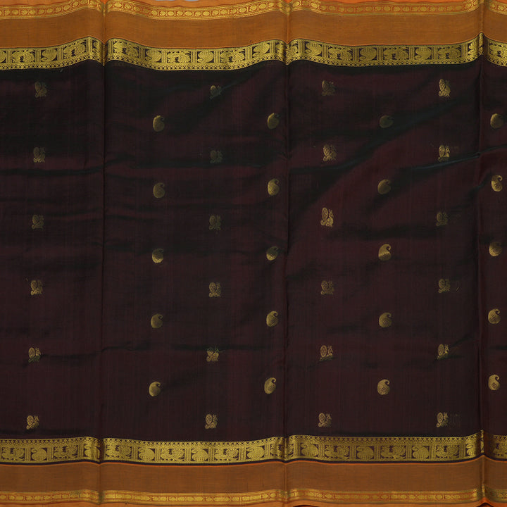 Hayagrivas Handloom Dark Brown Kanjivaram Ten Yards Silk Cotton Saree with Mango Yellow Border KBD2007B7-6