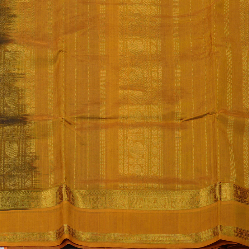 Hayagrivas Handloom Dark Brown Kanjivaram Ten Yards Silk Cotton Saree with Mango Yellow Border KBD2007B7-6