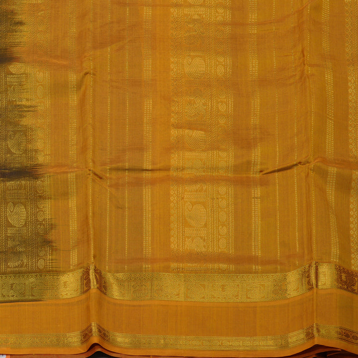 Hayagrivas Handloom Dark Brown Kanjivaram Ten Yards Silk Cotton Saree with Mango Yellow Border KBD2007B7-6