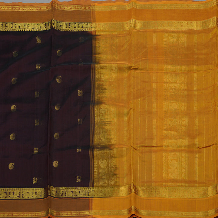 Hayagrivas Handloom Dark Brown Kanjivaram Ten Yards Silk Cotton Saree with Mango Yellow Border KBD2007B7-6