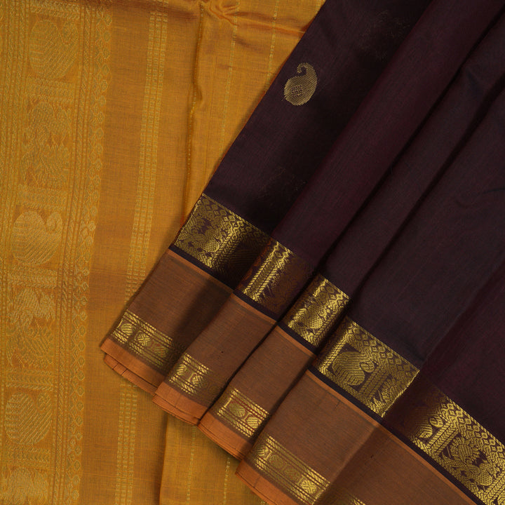 Hayagrivas Handloom Dark Brown Kanjivaram Ten Yards Silk Cotton Saree with Mango Yellow Border KBD2007B7-6