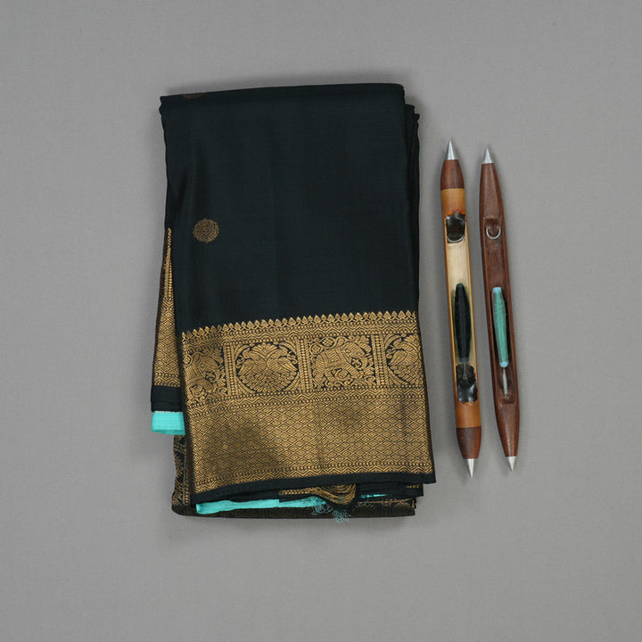 Hayagrivas Handloom Black Kanjivaram Silk Saree with Sky Blue border KBD2010B21-1