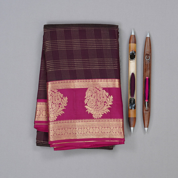 Hayagrivas Dark Brown Handloom Kanjivaram Silk Saree with Purple Border KBD2017B10-3