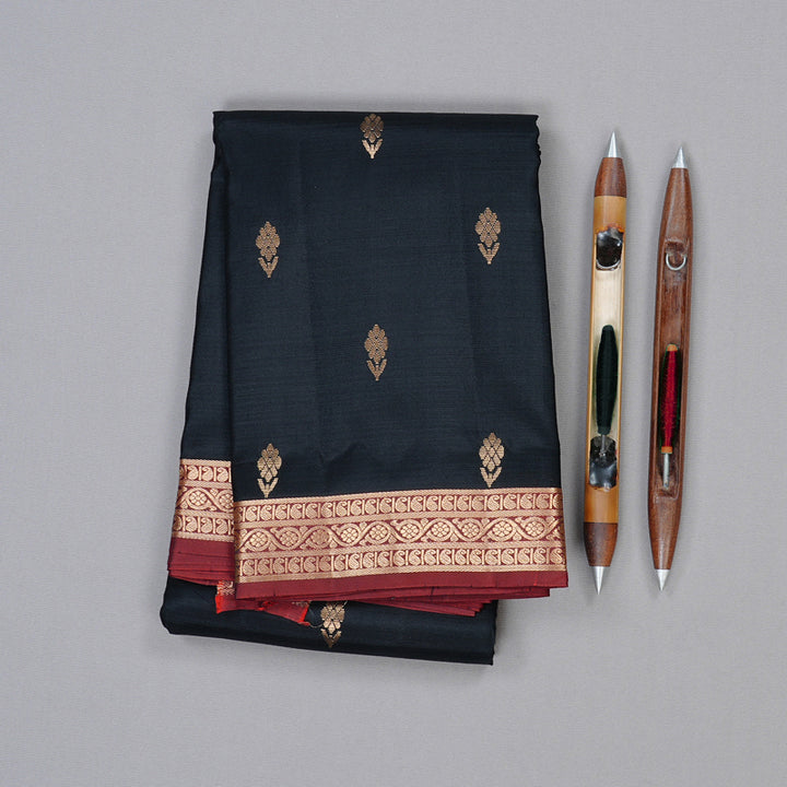 Hayagrivas Black Handloom Kanjivaram Silk Saree with Wine Maroon Border KBD2019B3-7