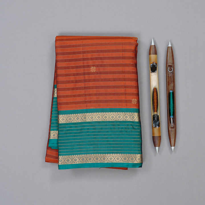Hayagrivas Burnt Orange Handloom Kanjivaram Silk Saree with Teal Blue Border KBD2019B5-1