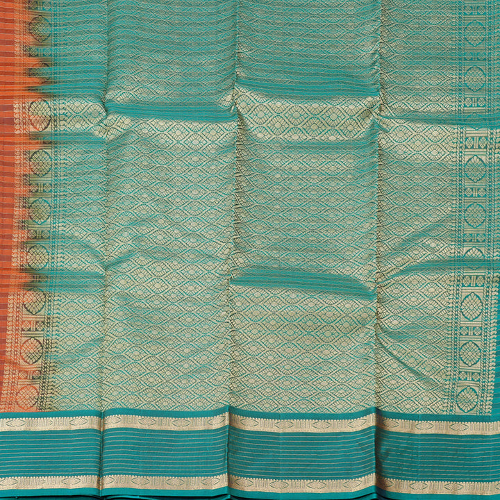 Hayagrivas Burnt Orange Handloom Kanjivaram Silk Saree with Teal Blue Border KBD2019B5-1