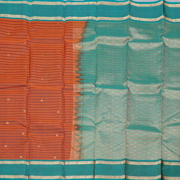 Hayagrivas Burnt Orange Handloom Kanjivaram Silk Saree with Teal Blue Border KBD2019B5-1