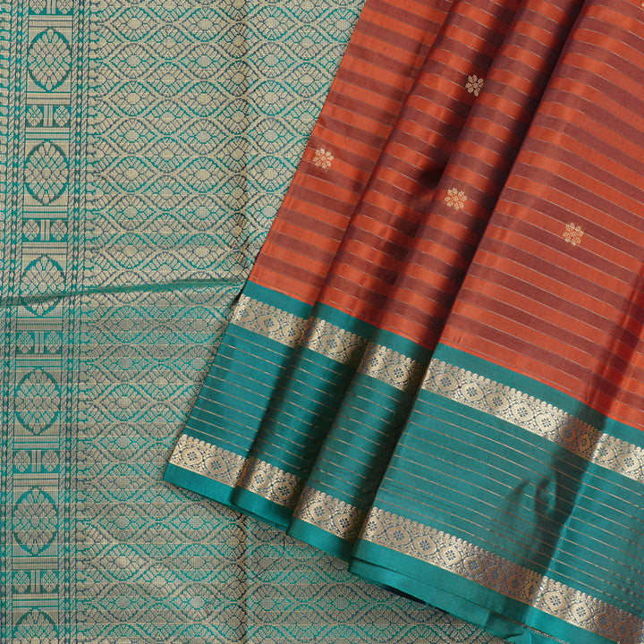 Hayagrivas Burnt Orange Handloom Kanjivaram Silk Saree with Teal Blue Border KBD2019B5-1