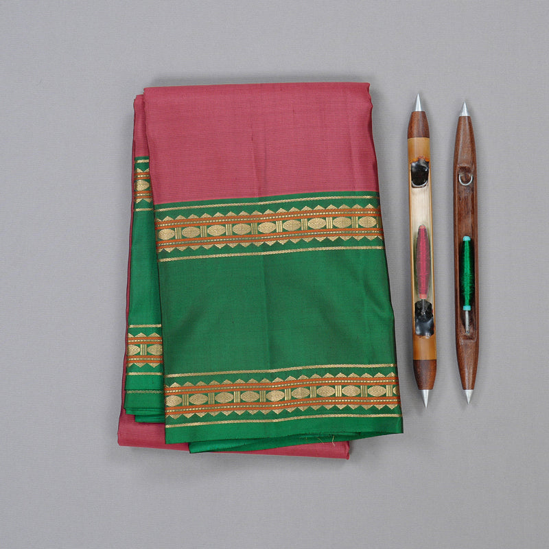 Hayagrivas Peach Pink Handloom Kanjivaram Silk Saree with Dark Green Border KBD2023B10-7