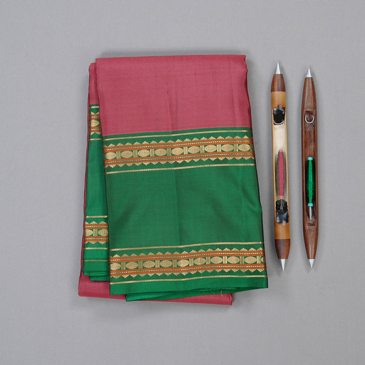 Hayagrivas Peach Pink Handloom Kanjivaram Silk Saree with Dark Green Border KBD2023B10-7