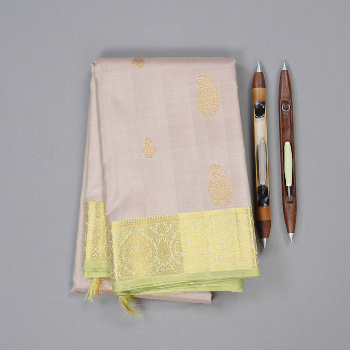 Hayagrivas Beige Handloom Kanjivaram Silk Saree with Light Elaichi Green Border KBD2024B5-1