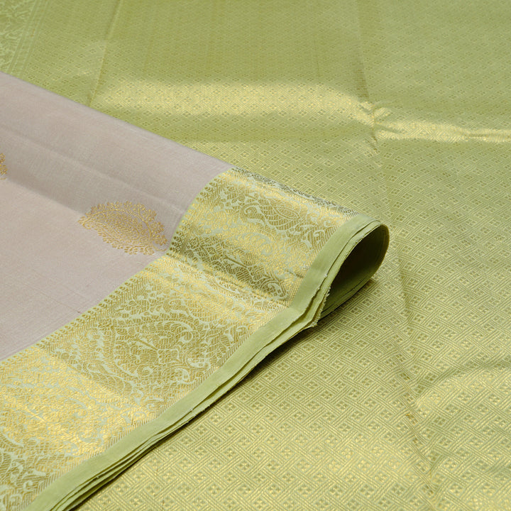 Hayagrivas Beige Handloom Kanjivaram Silk Saree with Light Elaichi Green Border KBD2024B5-1