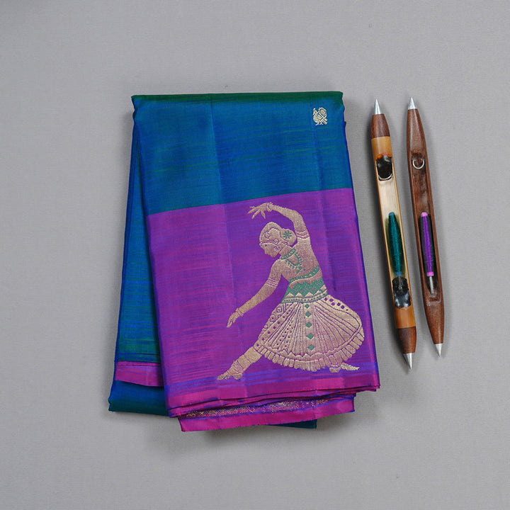 Hayagrivas Peacock Blue Handloom Kanjivaram Silk Saree with Purple Border KBD2026B3-1