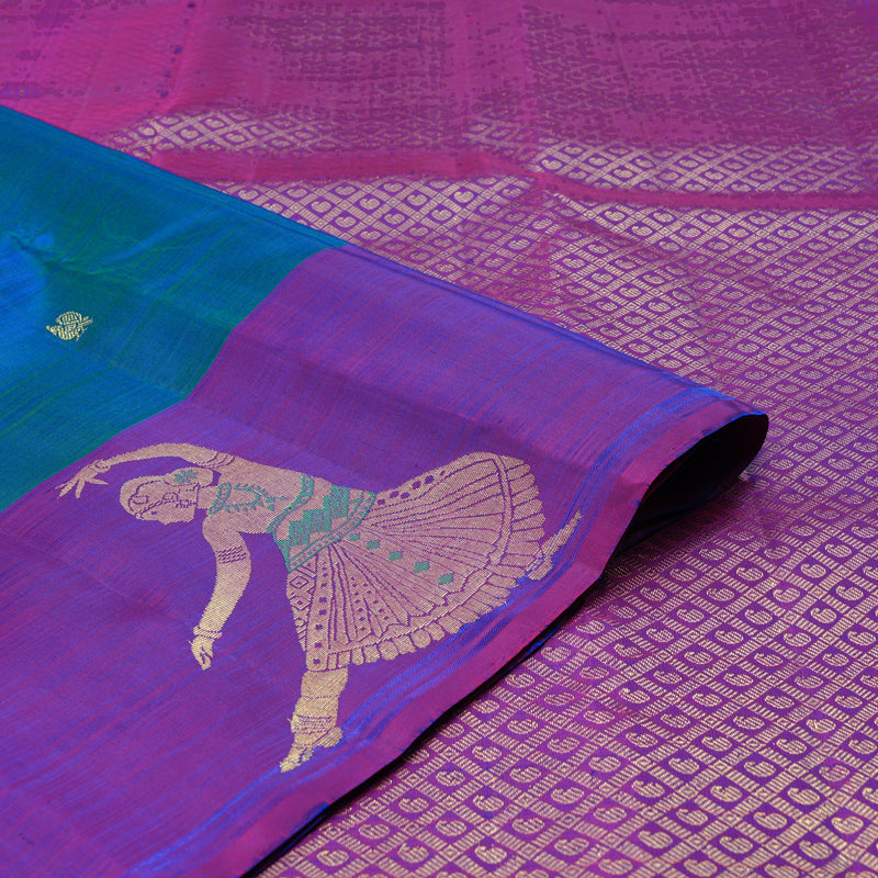 Hayagrivas Peacock Blue Handloom Kanjivaram Silk Saree with Purple Border KBD2026B3-1