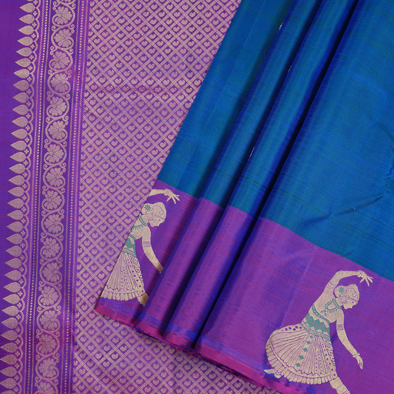 Hayagrivas Peacock Blue Handloom Kanjivaram Silk Saree with Purple Border KBD2026B3-1