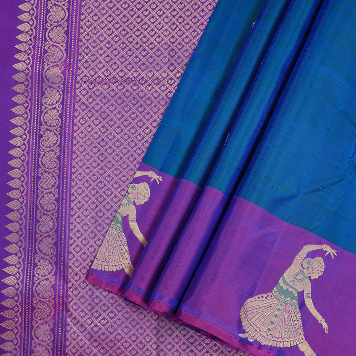 Hayagrivas Peacock Blue Handloom Kanjivaram Silk Saree with Purple Border KBD2026B3-1