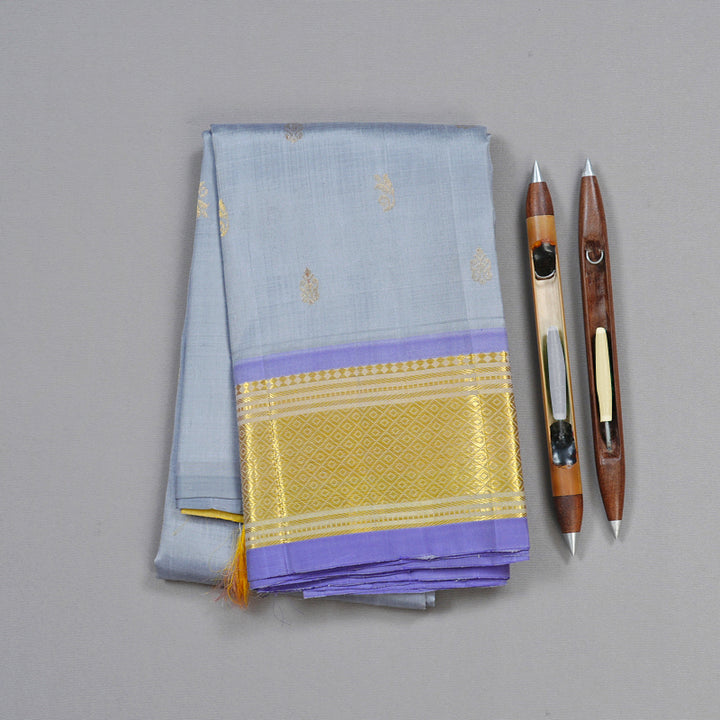Hayagrivas Bluish Grey Handloom Kanjivaram Silk Saree with Dual Tone (Grey With Yellow) Border KBD2028B1-10