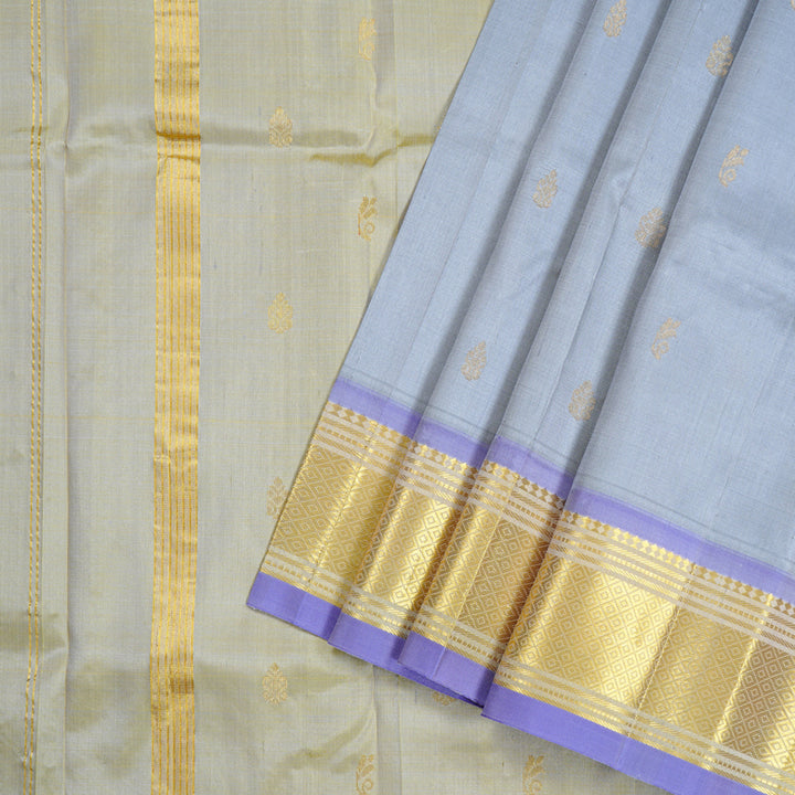 Hayagrivas Bluish Grey Handloom Kanjivaram Silk Saree with Dual Tone (Grey With Yellow) Border KBD2028B1-10