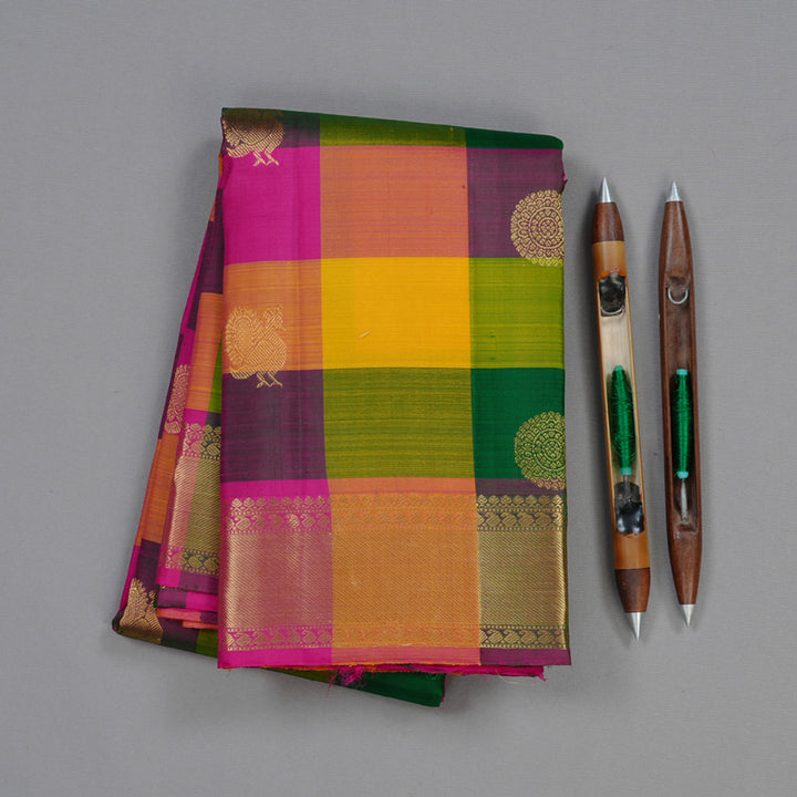 Hayagrivas Multi Colour Checks Handloom Kanjivaram Silk Saree with Multi Colour Border KBD2032B1-4