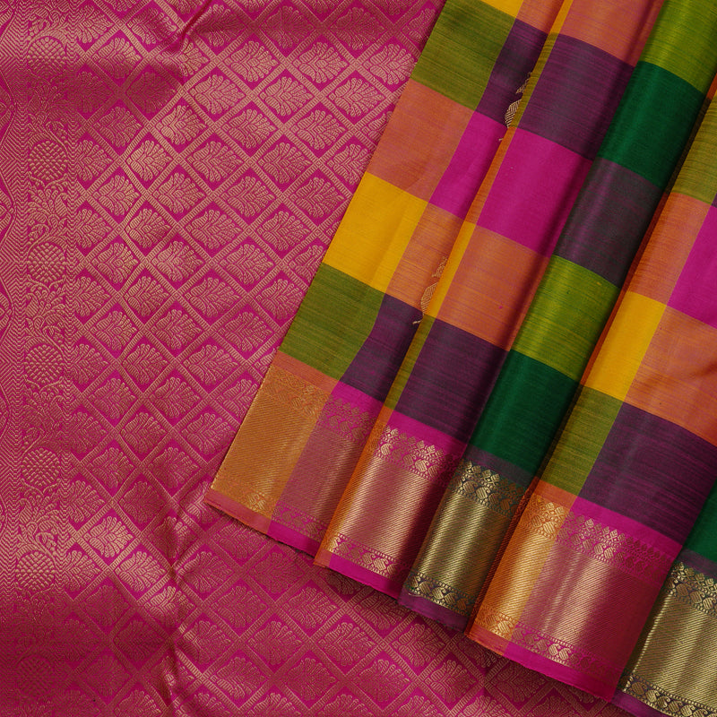 Hayagrivas Multi Colour Checks Handloom Kanjivaram Silk Saree with Multi Colour Border KBD2032B1-4