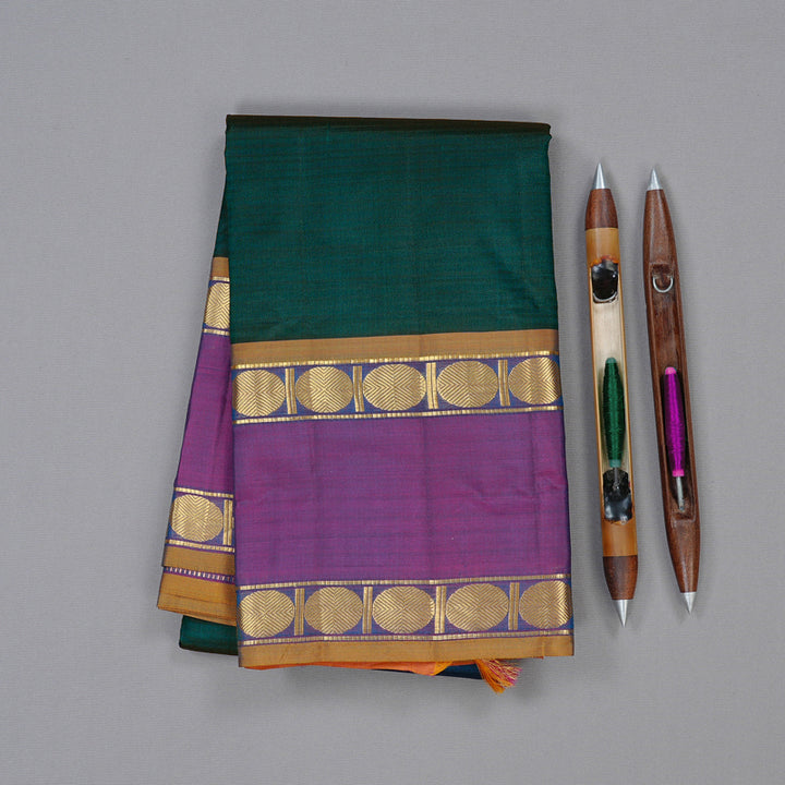 Hayagrivas Dark Teal Green Handloom Kanjivaram Silk Saree with Purple Border KBD2035C1-43