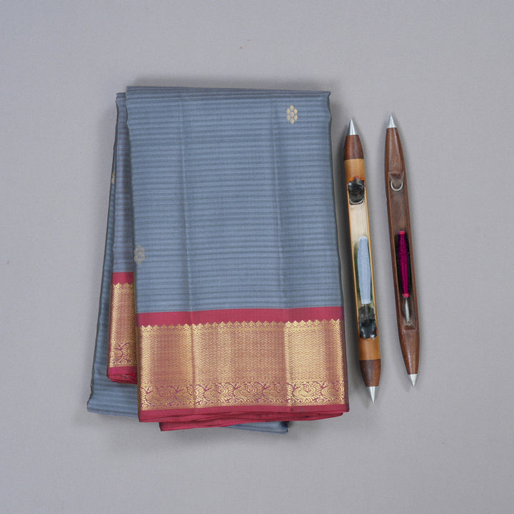 Hayagrivas Dark Grey Handloom Kanjivaram Silk Saree with Dark Red Rose Pink Border KBD2036C1-30