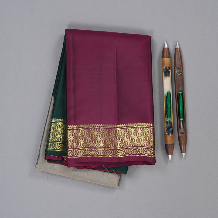Hayagrivas Beige Handloom Kanjivaram Silk Saree with Ganga Jamuna (Bottle Green And Dark Maroon) Border KBD2036C3-1