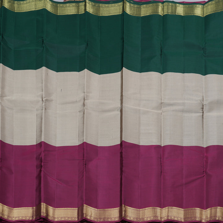 Hayagrivas Beige Handloom Kanjivaram Silk Saree with Ganga Jamuna (Bottle Green And Dark Maroon) Border KBD2036C3-1