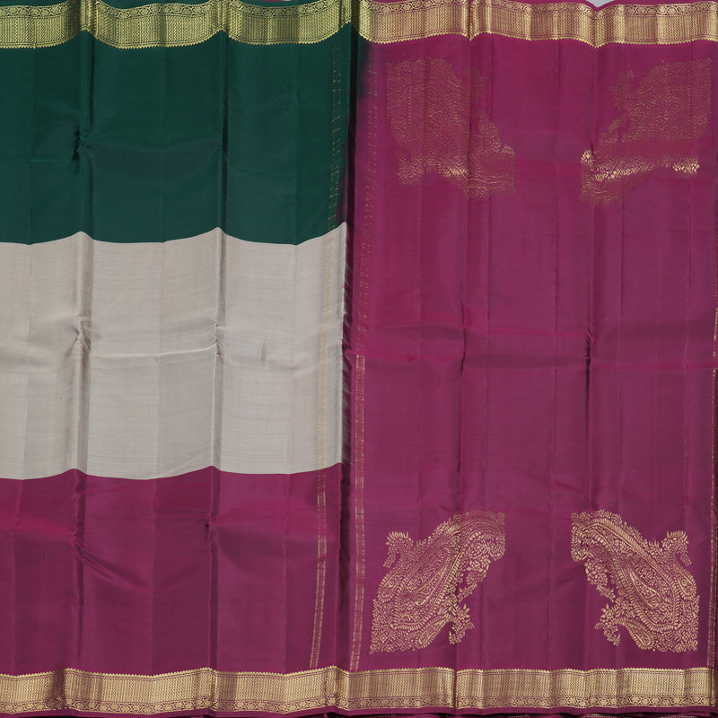Hayagrivas Beige Handloom Kanjivaram Silk Saree with Ganga Jamuna (Bottle Green And Dark Maroon) Border KBD2036C3-1