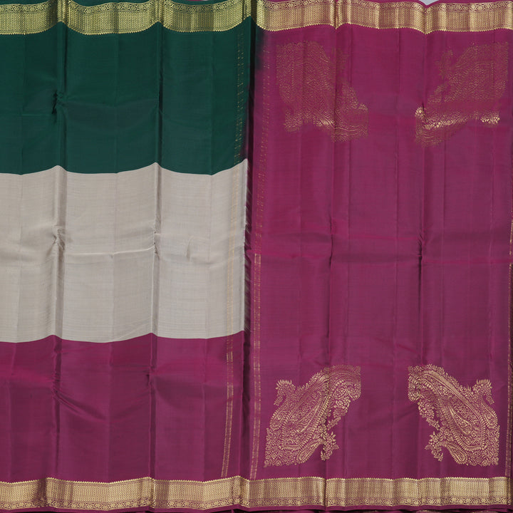 Hayagrivas Beige Handloom Kanjivaram Silk Saree with Ganga Jamuna (Bottle Green And Dark Maroon) Border KBD2036C3-1