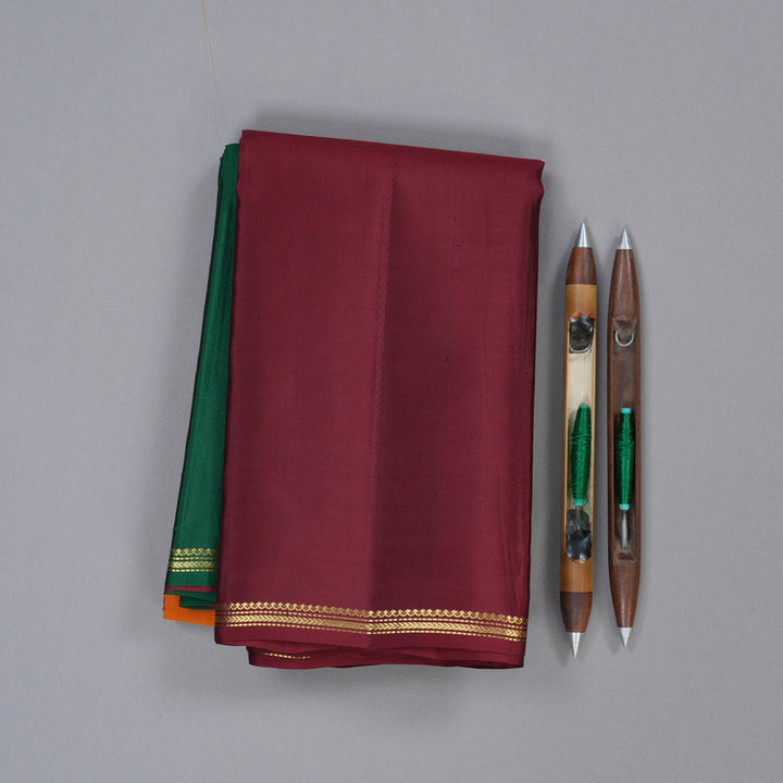 Hayagrivas Muppagam (Bottle Green, Orange and Wine Maroon) Handloom Kanjivaram Silk Saree with Wine Maroon Border KBD2036C3-6