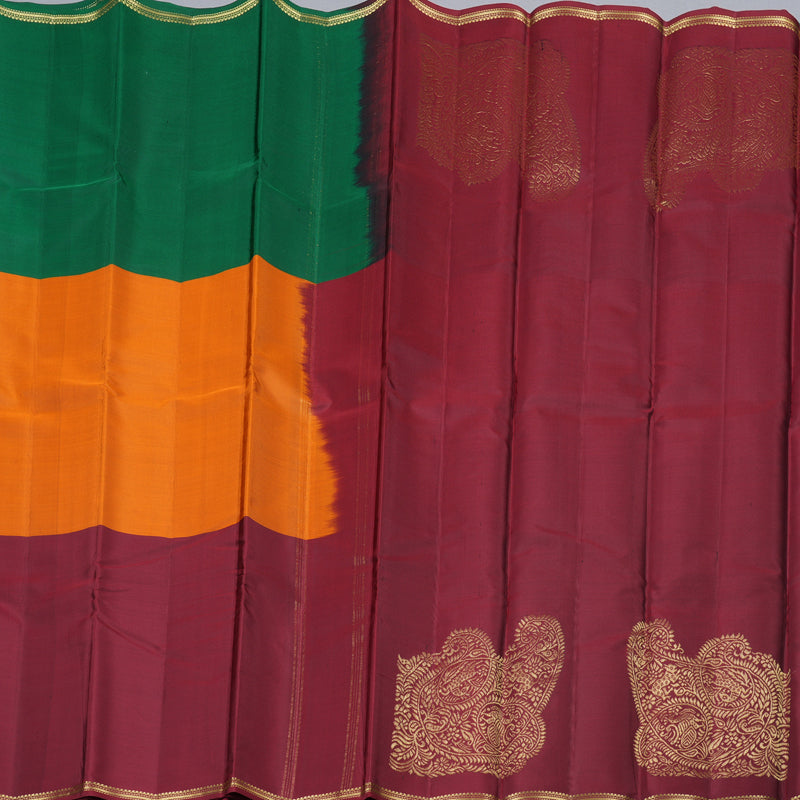 Hayagrivas Muppagam (Bottle Green, Orange and Wine Maroon) Handloom Kanjivaram Silk Saree with Wine Maroon Border KBD2036C3-6