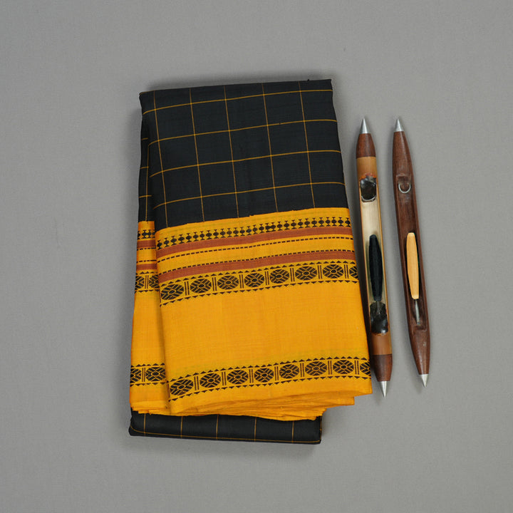 Hayagrivas Handloom Kanjivaram silk saree in Captivating Black with Mustard yellow Threads checks KBD2037C7-4