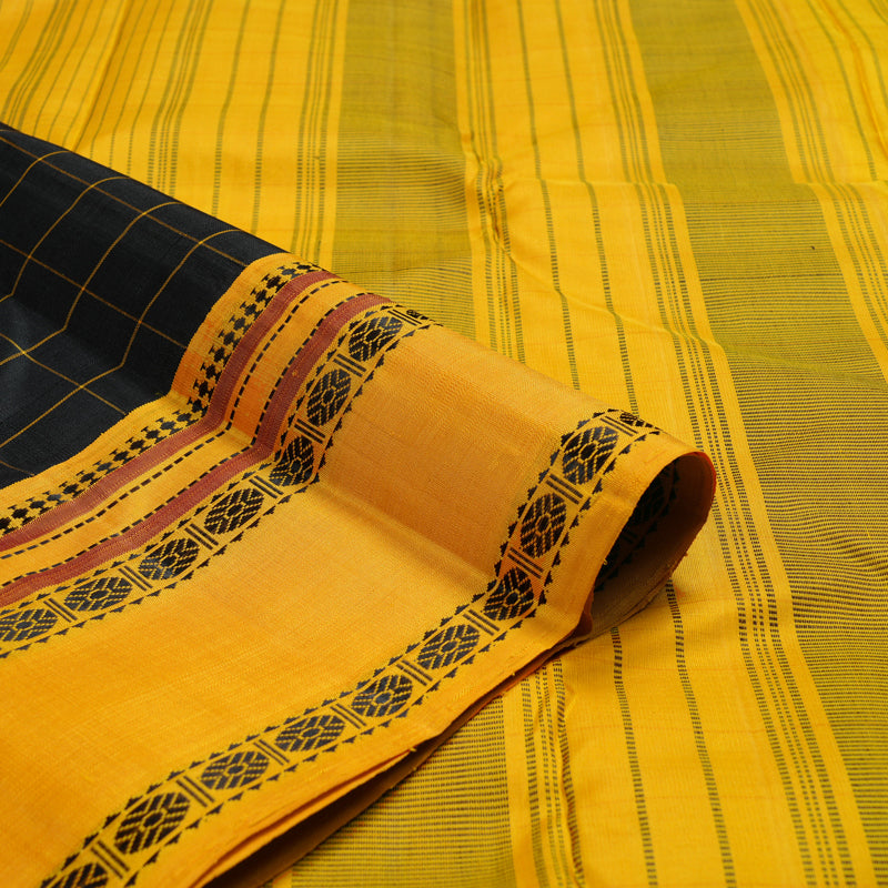 Hayagrivas Handloom Kanjivaram silk saree in Captivating Black with Mustard yellow Threads checks KBD2037C7-4