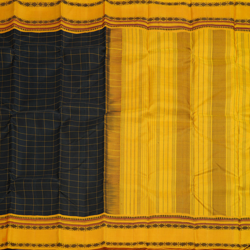 Hayagrivas Handloom Kanjivaram silk saree in Captivating Black with Mustard yellow Threads checks KBD2037C7-4