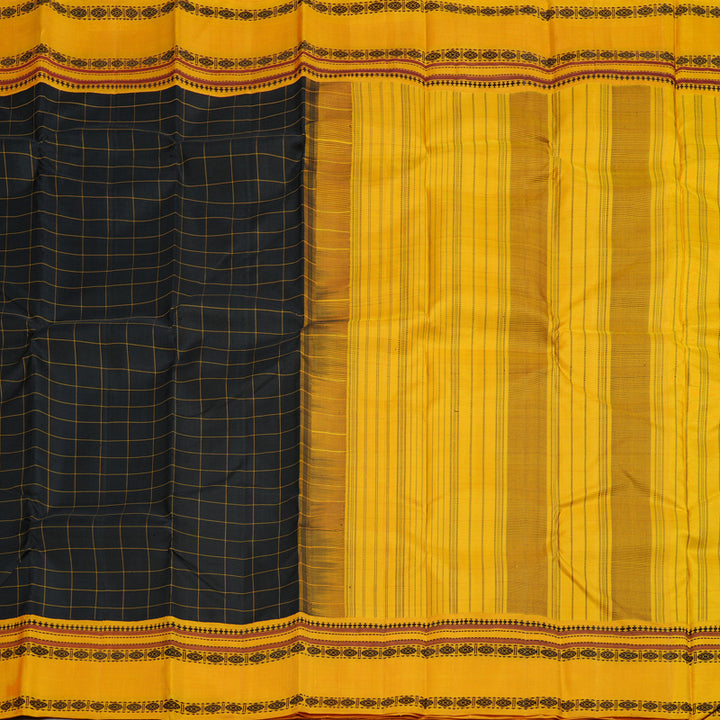Hayagrivas Handloom Kanjivaram silk saree in Captivating Black with Mustard yellow Threads checks KBD2037C7-4
