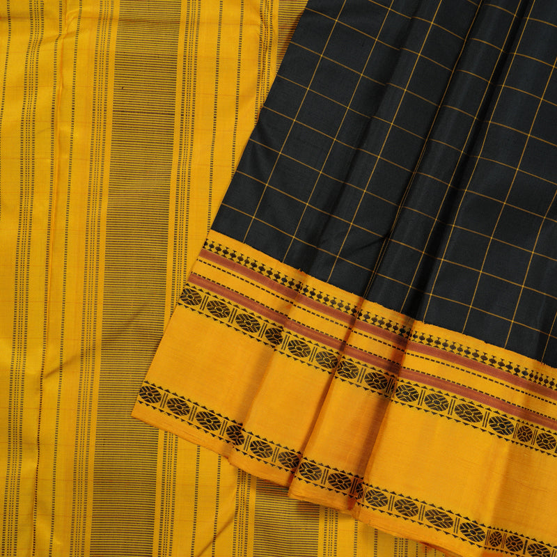 Hayagrivas Handloom Kanjivaram silk saree in Captivating Black with Mustard yellow Threads checks KBD2037C7-4