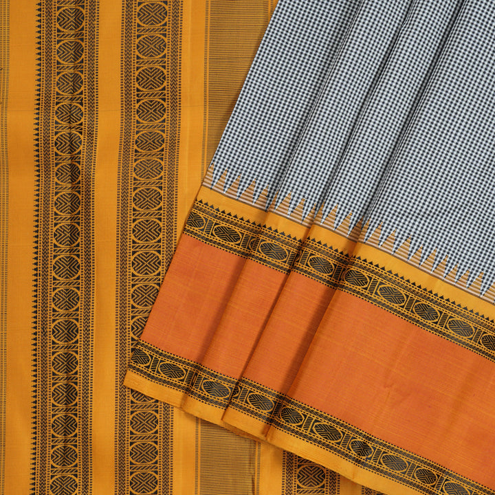 Hayagrivas Handloom Kanjivaram Silk Saree in Elegant Black And White Muted Checks KBD2037C9-1