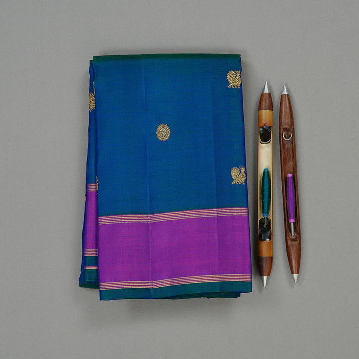 Hayagrivas Peacock Blue Handloom Kanjivaram Silk Saree with Purple Border KBE2038C2-6
