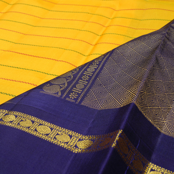 Hayagrivas Yellow Handloom Kanjivaram Silk Saree with Blue Border KBD2040C3-1