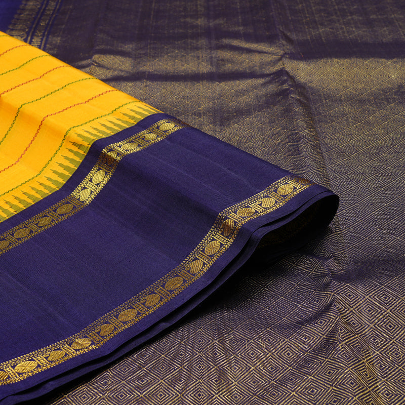 Hayagrivas Yellow Handloom Kanjivaram Silk Saree with Blue Border KBD2040C3-1