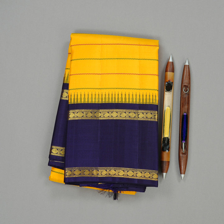 Hayagrivas Yellow Handloom Kanjivaram Silk Saree with Blue Border KBD2040C3-1