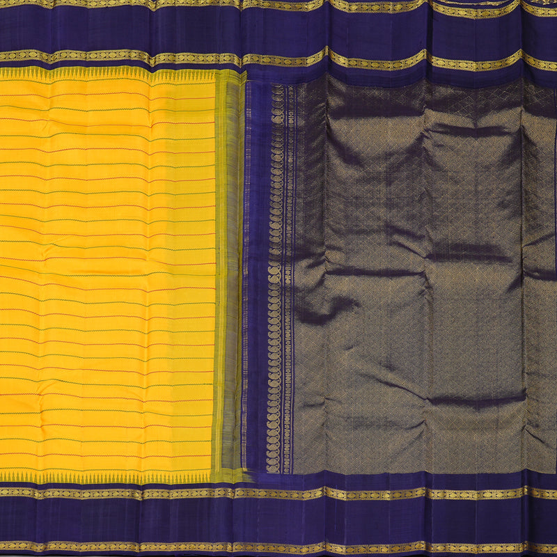 Hayagrivas Yellow Handloom Kanjivaram Silk Saree with Blue Border KBD2040C3-1