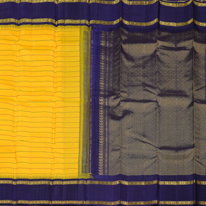 Hayagrivas Yellow Handloom Kanjivaram Silk Saree with Blue Border KBD2040C3-1