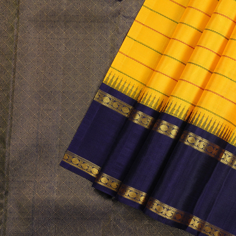 Hayagrivas Yellow Handloom Kanjivaram Silk Saree with Blue Border KBD2040C3-1