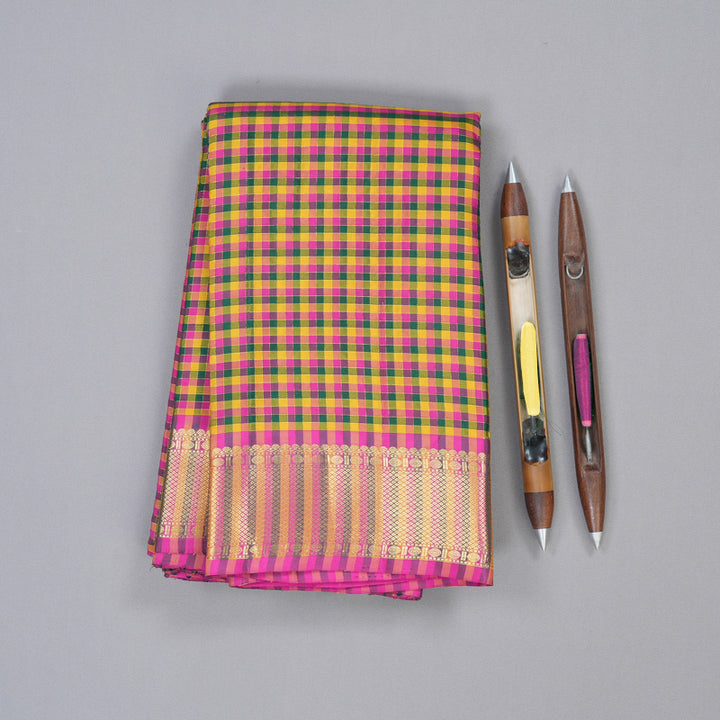 Hayagrivas Multi Colour Checks Handloom Kanjivaram Silk Saree with Multi Colour Border KBD2046C1-1