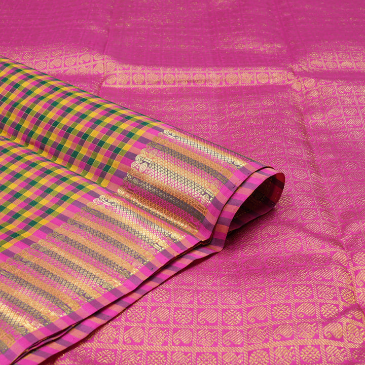 Hayagrivas Multi Colour Checks Handloom Kanjivaram Silk Saree with Multi Colour Border KBD2046C1-1
