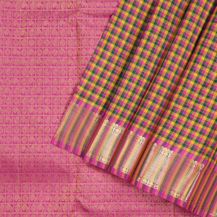 Hayagrivas Multi Colour Checks Handloom Kanjivaram Silk Saree with Multi Colour Border KBD2046C1-1