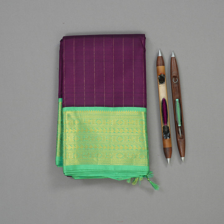 Hayagrivas Handloom Deep Violet Kanjivaram Silk Saree with Parrot Green border KBD2057C1-1