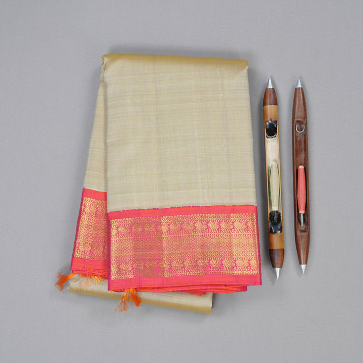 Hayagrivas Sandal Handloom Kanjivaram Silk Saree with Orangish Pink Border KBD2060C3-4